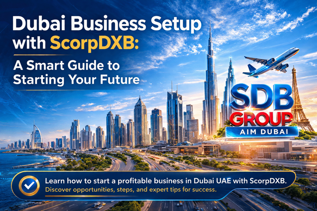 Dubai business setup guide banner showing modern Dubai skyline and SDB Group brand promoting business setup in Dubai UAE